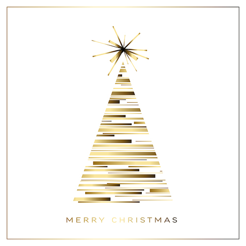 Vector white  modern simple trendy christmas card with abstract golden triangle christmas tree made from golden lines and minimalistic simple lettering. Metallic golden trendy happy new year card layout.