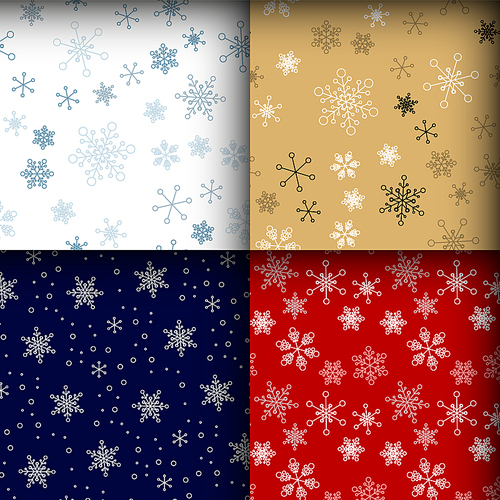 Winter - set of color christmas seamless pattern / texture with minimalist geometry snowflakes. Four Blue white yellow and red versions. Simple and minimalistic.