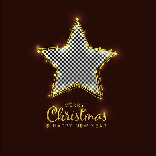 Minimalist Christmas flyer card temlate with golden lights on a star shape, dark background and star family photo placeholder. Simple photo christmas card