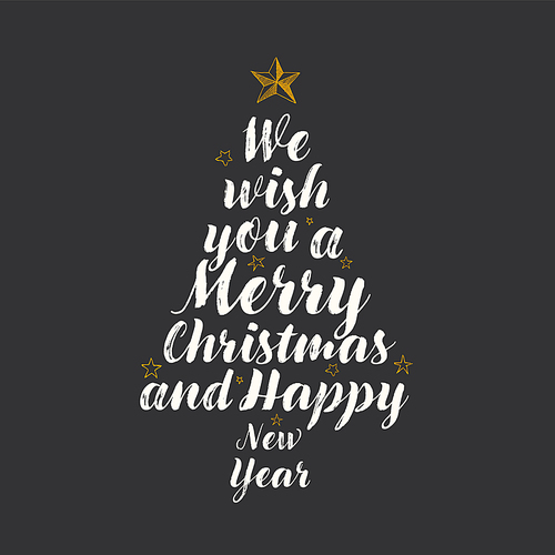 Decorative Christmas tree card made from Merry Christmas wish text in the shape of Christmas tree - white calligraphy text lettering with yellow stars elements