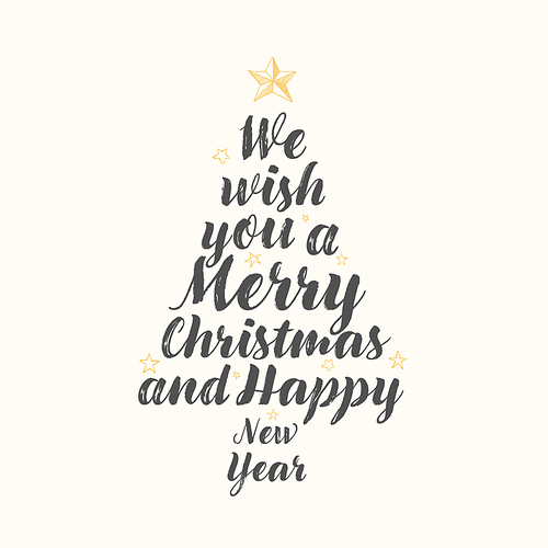 Decorative Christmas tree card made from Merry Christmas wish text in the shape of Christmas tree - black calligraphy text lettering with yellow stars elements