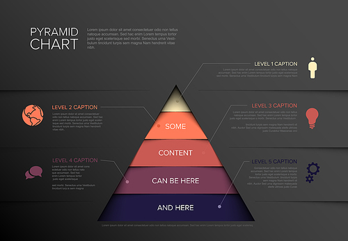 Vector solid Infographic Pyramid chart diagram template with icons and five levels  - dark purple version
