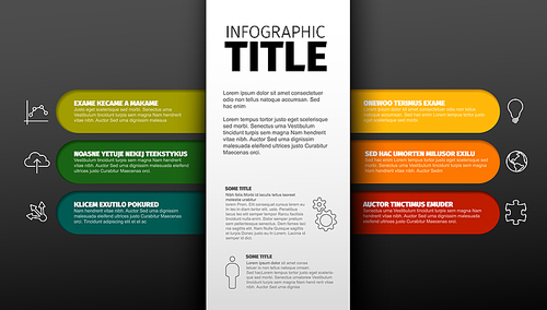 Vector dark multipurpose Infographic template with six elements and the title with description in the midle
