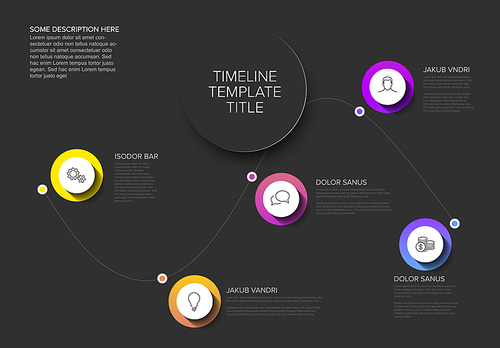 Vector Infographic timeline template with curved line, circle buttons with shadow and various descriptions - dark color version