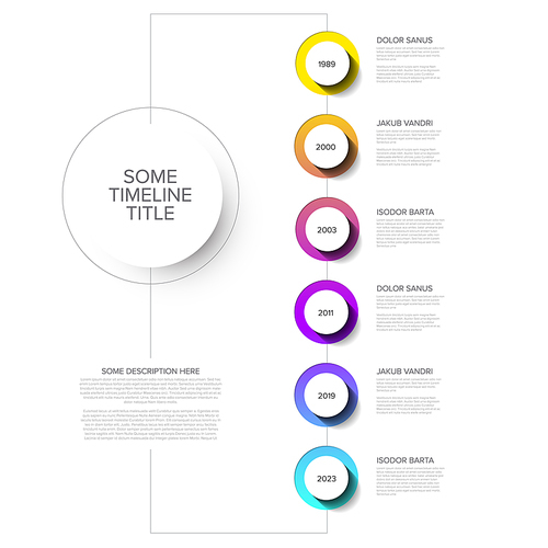 Vector Infographic timeline template with vertical line, circle buttons with shadow and various descriptions