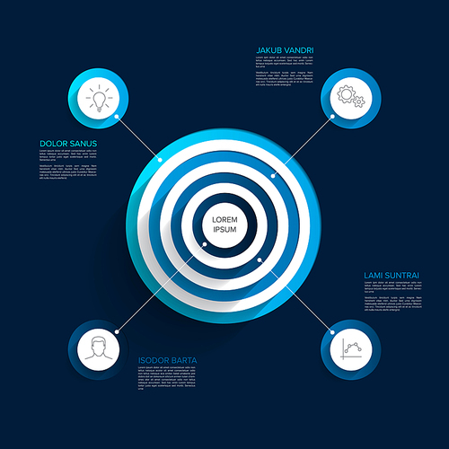 Vector multipurpose Infographic template with four elements around target pyramid circles on a dark blue background