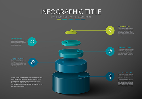 Vector Infographic layers template with five circle levels for material structure - blue green pyramid template