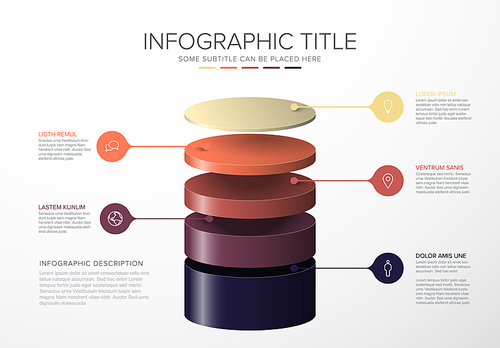 Vector Infographic layers template with five circle levels for material structure - yellow red purple  template