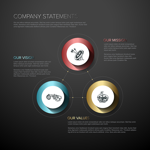 Vector Mission, vision and values diagram schema infographic with metallic accent on a dark background