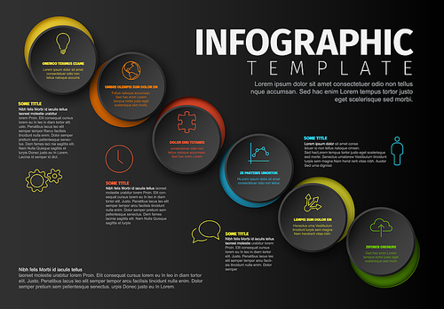 Vector Minimalist colorful Infographic report template with circle blocks on dark background