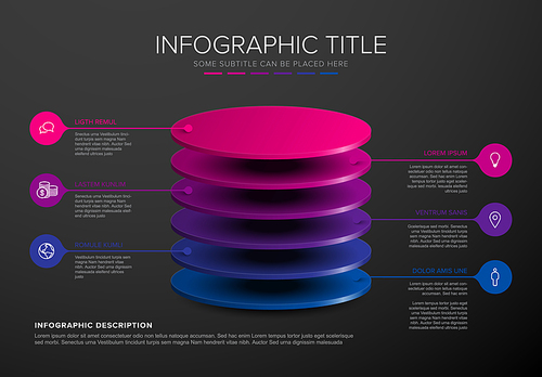 Vector Infographic circle layers template with six level desks for material structure - purple color template with dark background