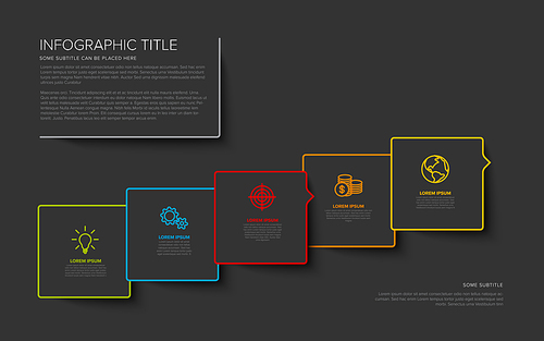 Vector multipurpose Infographic template with five square options and modern colors on a dark background