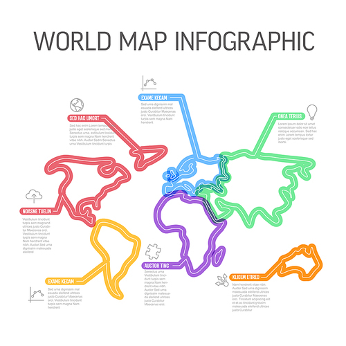 Vector world map Infographic report template made from thick marker lines and icons in the shape of world map continents with icons and descriptions