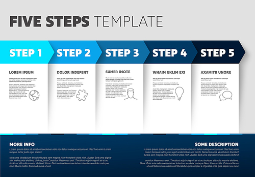 One two three four five - vector blue light progress steps template with descriptions and icons
