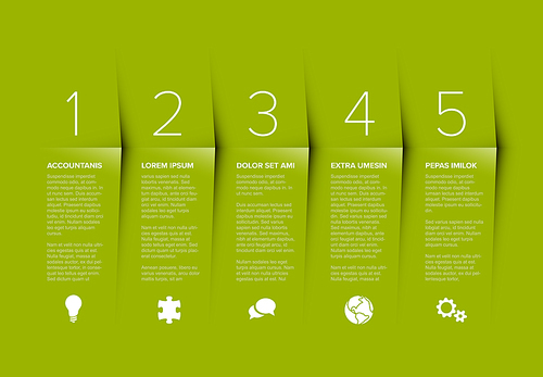Vector green five steps progress template with descriptions and icons