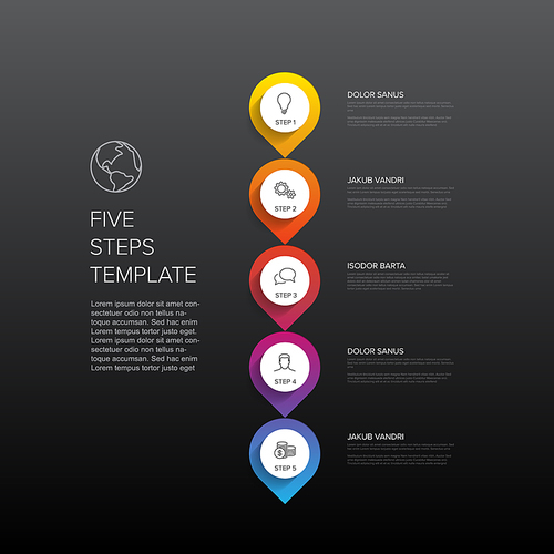 One two three four five - vector vertical progress template with five steps and description - dark background version