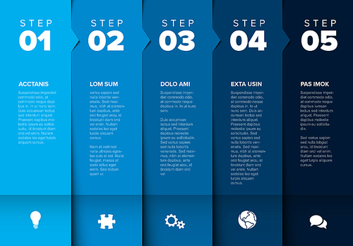 One two three four five - vector progress block steps template with descriptions and icons - deep blue color version