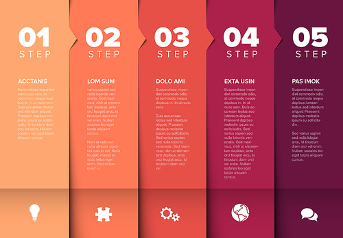 One two three four five - vector progress block steps template with descriptions and icons - red colors version