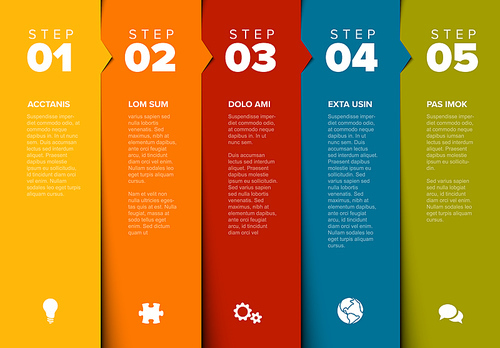 One two three four five - vector progress block steps template with descriptions and icons