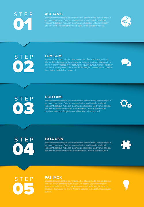 One two three four five - vector progress block steps template with descriptions and icons on horizontal blocks - blue and yellow version