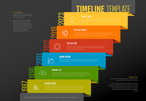 Vector Infographic Company Milestones Timeline Template with icons on a straight diagonal colorful stairs time line and dark  background