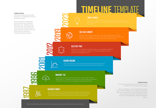 Vector Infographic Company Milestones Timeline Template with icons on a straight diagonal colorful stairs time line and light background