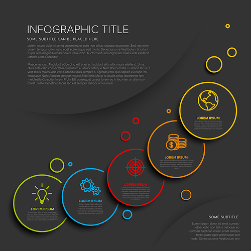 Vector multipurpose Infographic template with five circle options and modern colors on a dark background