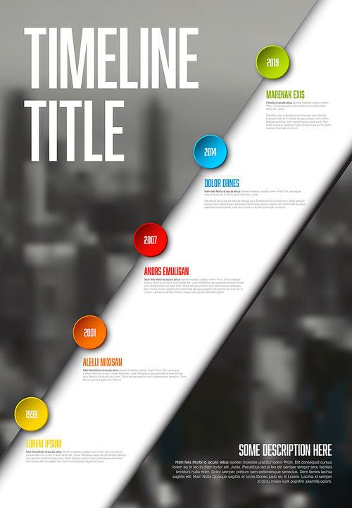 Vector Infographic timeline report template with big photo placeholder, icons, years and color buttons on white diagonal stripe. Business company vertical overview profile.
