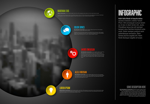 Vector Infographic template with big photo placeholder, icons and color buttons. Business company overview profile - dark version.