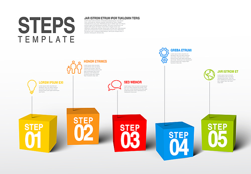 Vector five steps progress infographic template made from colorful cubes and icons