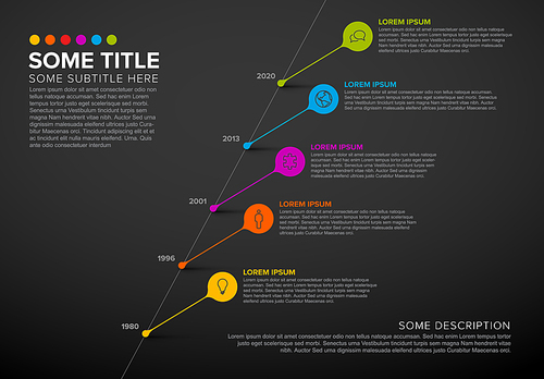 Colorful vector infographic timeline report template with  droplet bubbles pins - dark version