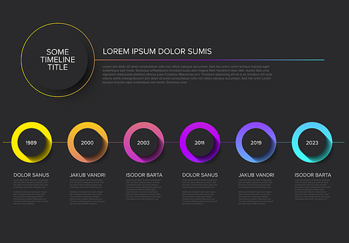 Vector Infographic timeline template with horizontal line, circle buttons with shadow and various descriptions - dark background version