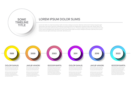 Vector Infographic timeline template with horizontal line, circle buttons with shadow and various descriptions