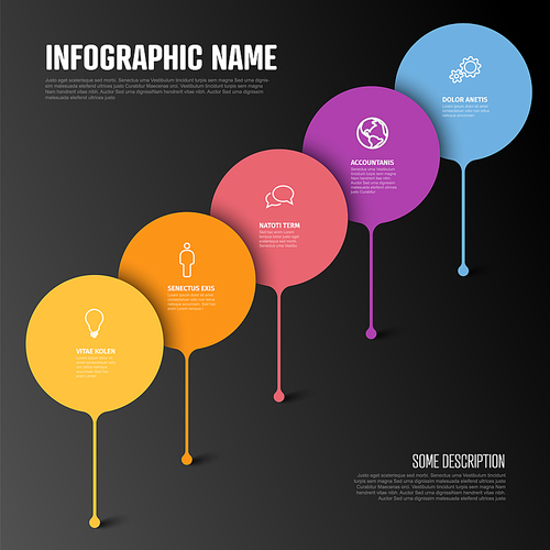 Colorful vector infographic report template with big droplet bubbles pins as steps of the process - dark version with five pins