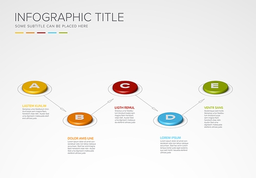 Vector multipurpose Infographic template made from five color buttons chart with letters, arrows,  descriptions and legend - light background version with five elements