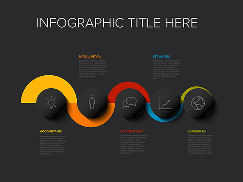 Vector Infographic Company Milestones curved horizontal Timeline Template. Dark time line template with icons on dark gray buttons and curved color background. Timeline with curves icons and text content
