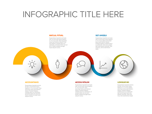 Vector Infographic Company Milestones curved horizontal Timeline Template. Light time line template with icons on white buttons and curved color background. Timeline with curves icons and text content