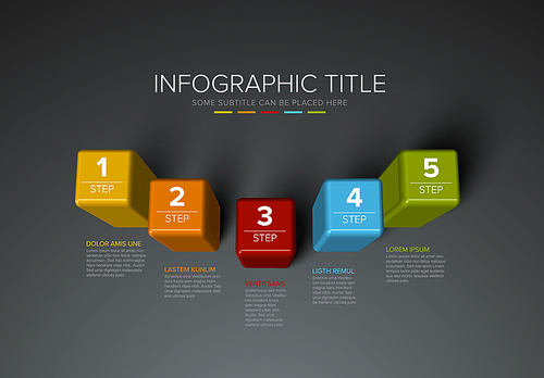 Vector multipurpose Infographic template made from five color prism steps chart with numbers descriptions and legend - dark  background version with 5 steps elements