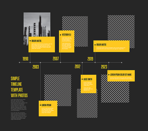 Vector simple dark infographic horizontal time line template with rectangle photo placeholders. Business company timeline overview profile with photos and yellow text blocks. Multipurpose photo timeline infograph or infochart.