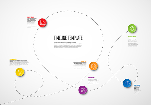 Vector Infographic timeline report template with icons and simple content. Dotted black timeline template with color pins, icons and short descriptions