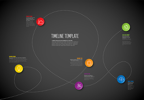 Vector Infographic timeline report template with icons and simple content. Dotted black timeline template with color pins, icons and short descriptions