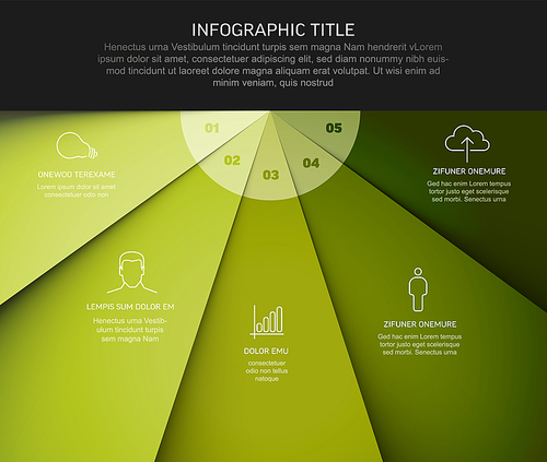 Vector multipurpose Infographic template with five elements, description, numbers and icons on fan green papers with white center and dark footer. Simple infograph template