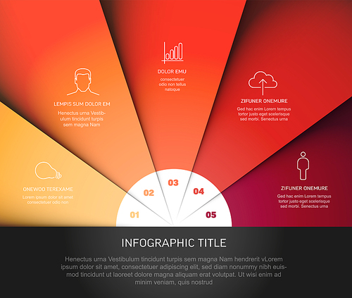 Vector multipurpose Infographic template with five elements, description, numbers and icons on fan red  papers with white center and dark footer. Simple infograph template