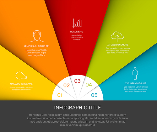 Vector multipurpose Infographic template with five elements, description, numbers and icons on fan colored paper with white center and dark footer. Simple infograph template