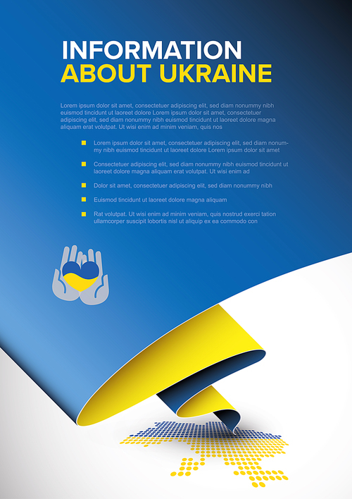 Help Ukraine Information flyer a4 poster template with sample content, vertical version with blue and yellow folded paper and information about Ukraine