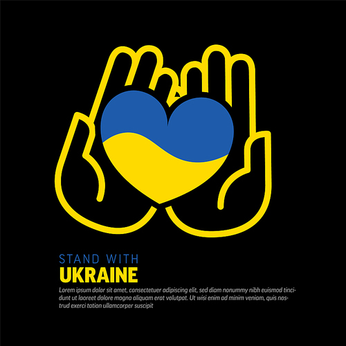 Save Ukraine support icon conceptual heart ilustration tag for social media header or poster template. Blue and yellow heart for Ukraine support on black background