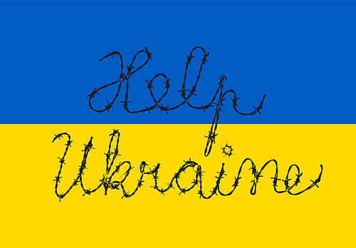 Stop war in Ukraine - support flyer postertemplate for social media header or layout. Illustration for stopping war in Ukraine lettering from barbed wire