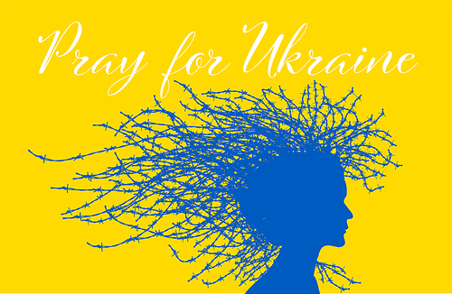 Stop war in Ukraine - barbed wire women silhouette support flyer poster template for social media header or layout. Illustration for stopping war in Ukraine