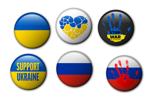 Set of six button badges for supporting Ukraine with ukraian flag or blue and yellow heart. Russia against war stop war button pin template collection