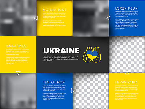 Mosaic flyer postertemplate for social media with various content squares for photos icons or text information. Multipurpose ukraian infographic template with blue and yellow content squares